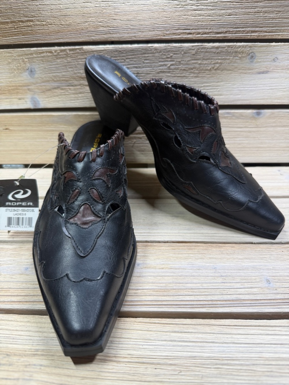Roper Rockstar Black Leather Mule with Brown Lace Trim - Size 8